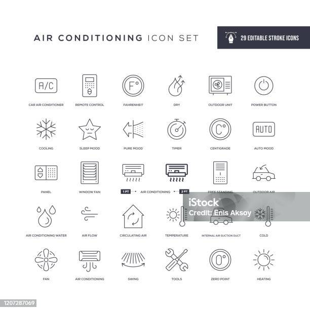 Air Conditioning Editable Stroke Line Icons Stock Illustration - Download Image Now - Icon, Air Conditioner, Air Duct