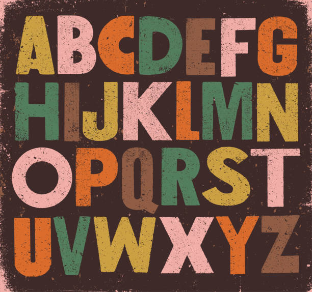 Bold vintage sans serif alphabet Vector distressed sans serif vintage alphabet. weathered textures stock illustrations