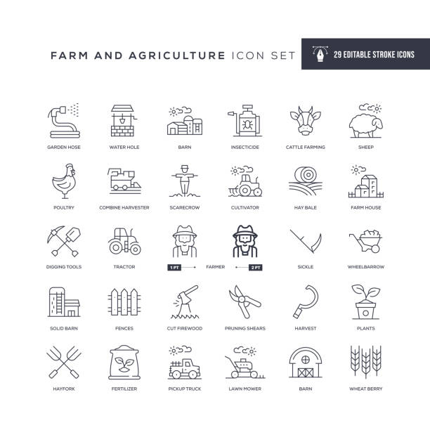 illustrazioni stock, clip art, cartoni animati e icone di tendenza di icone della linea di tratti modificabili farm e agricoltura - agricoltura