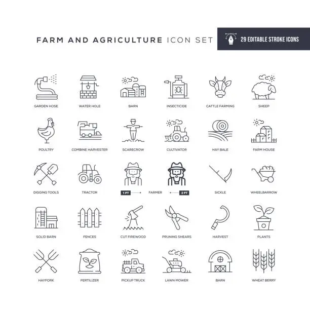 Vector illustration of Farm and Agriculture Editable Stroke Line Icons