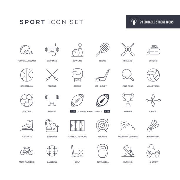 ilustraciones, imágenes clip art, dibujos animados e iconos de stock de iconos de línea de trazo editables para deportes - paddle ball racket ball table tennis racket