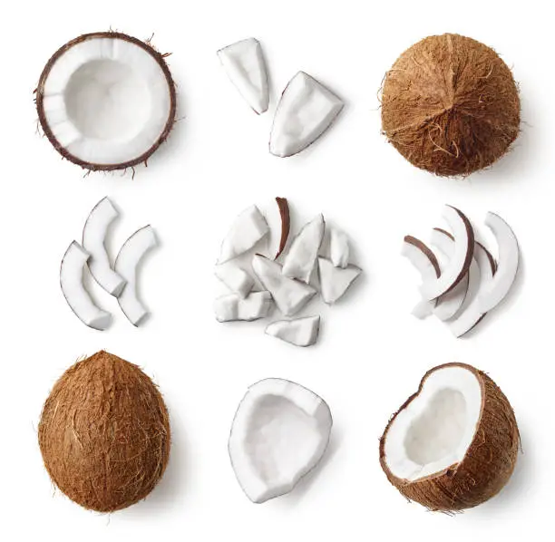 Photo of Set of fresh whole and half coconut and slices