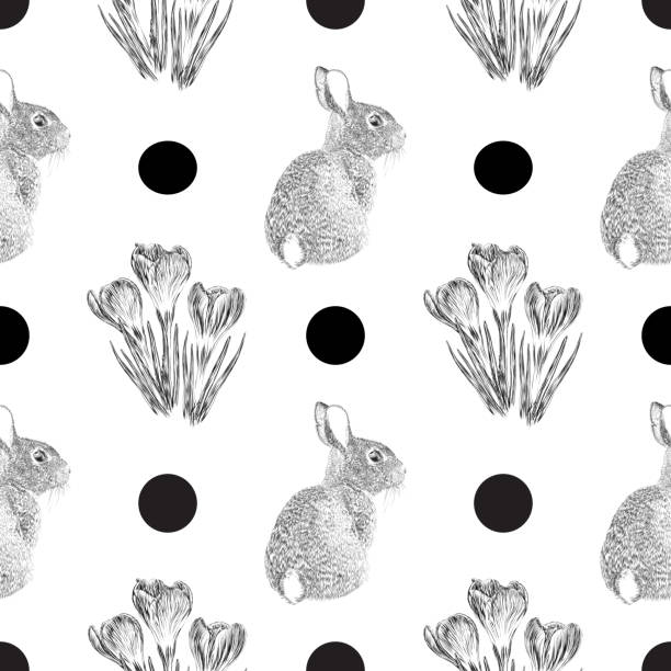крокус цветы и пасхальный кролик перо и чернила вектор бесшовные шаблон - crocus easter spring flower stock illustrations