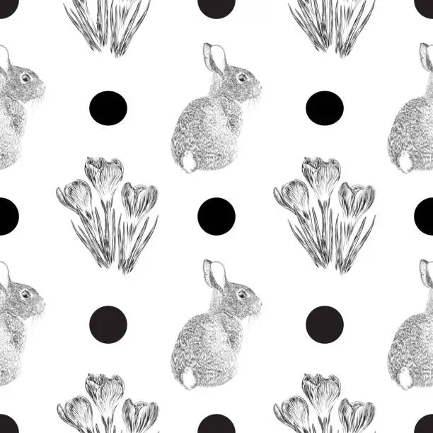 Vector illustration of Crocus Flowers and Easter Bunny Pen and Ink Vector Seamless Pattern