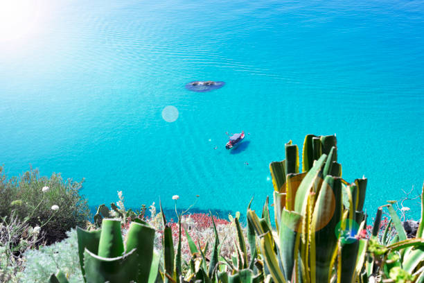 Summer landscape with amazing turquoise water and lens flare effect in Calabria, Italy.
