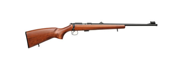 Small-bore rifle .22 lr isolated on white background. Modern .22lr semi-automatic rifle with a wooden butt  on a white back. Weapons for hunting sports and self-defense. Small-bore rifle .22 lr isolated on white background. Modern .22lr semi-automatic rifle with a wooden butt  on a white back. Weapons for hunting sports and self-defense. carbine stock pictures, royalty-free photos & images