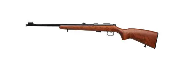 Small-bore rifle .22 lr isolated on white background. Modern .22lr semi-automatic rifle with a wooden butt  on a white back. Weapons for hunting sports and self-defense.