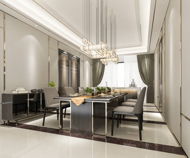 istock 3d rendering modern and luxury dining room with chandelier 1207291467