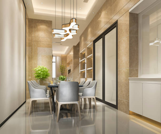 istock 3d rendering modern and luxury dining room with chandelier 1207291470