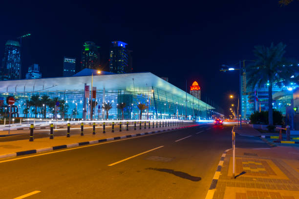 Doha, Qatar - Nov 23, 2019 : Night view of DECC - Doha Exhibition and Convention Centre in Doha, Qatar on Nov 23, 2019.