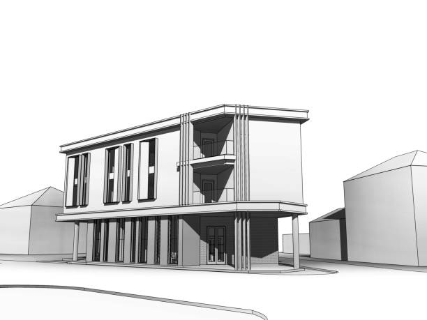 istock 3d illustration of a two floor office building perspective from left corner. 1207293380