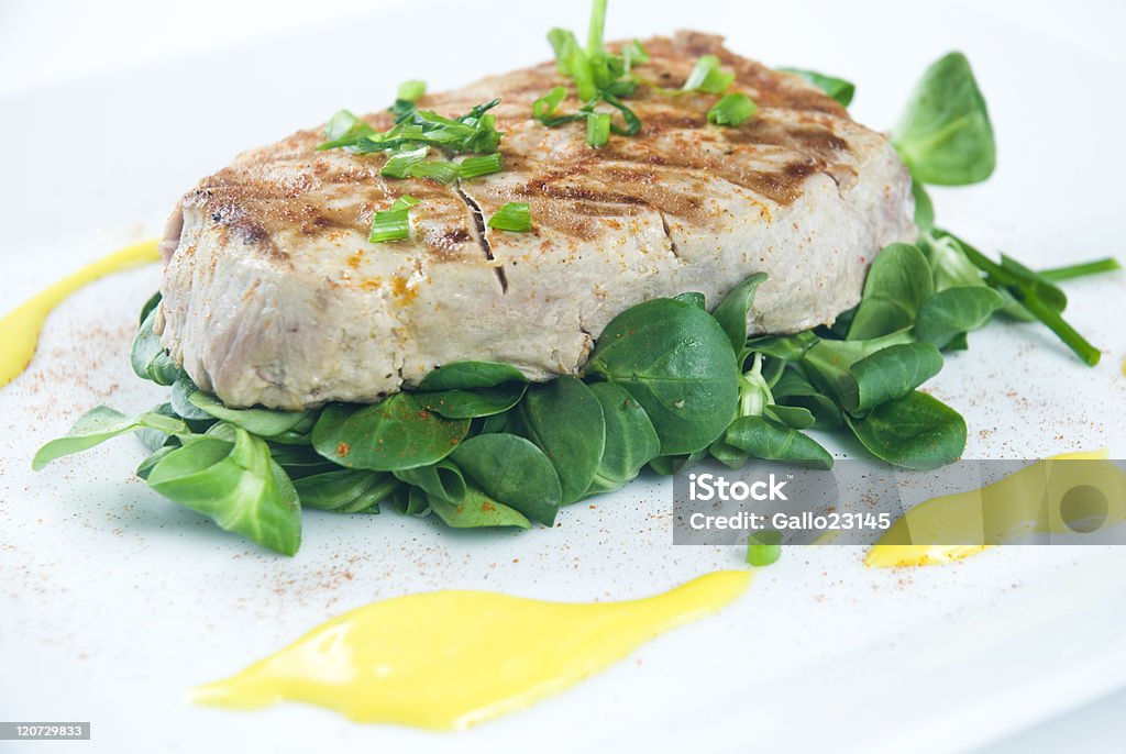 Grilled tuna steak Grilled tuna steak with fresh mayonnaise sauce Barbecue Grill Stock Photo