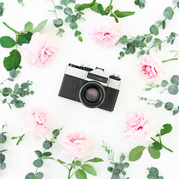 istock Old retro camera and flowers isolated on white background. Flat lay. Top view. 1207299971