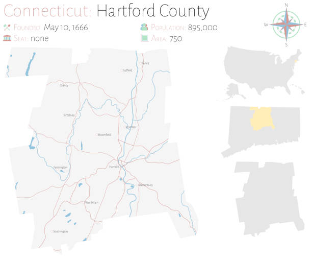 mapa hrabstwa hartford w stanie connecticut - glastonbury stock illustrations