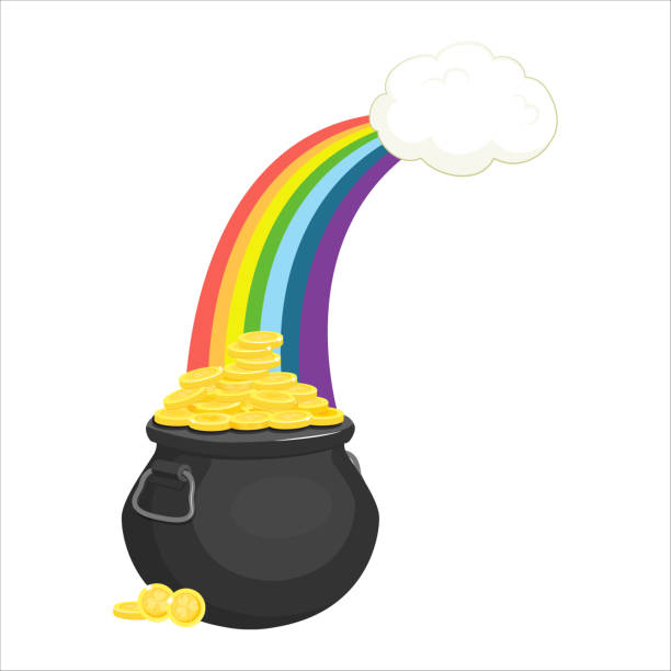 istock Pot with golden coins.Cartoon style. Rainbow and cloud. 1207301605