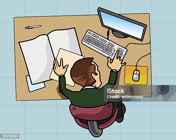 Employee Working At His Computer Stock Illustration - Download Image Now - Business, Cartoon, Chair