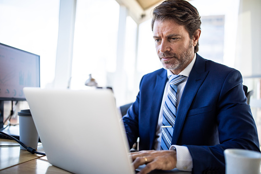 Determined well dressed businessman working in office using laptop