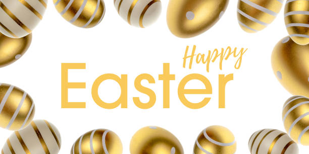 행복한 부활절 배경입니다. 흰색에 고립 된 모양 프레임에 계란을 장식 한 황금 빛. 인사말 카드, 프로모션, 포스터, 전단지, 웹 배너, 기사 - easter egg isolated remote frame 뉴스 사진 이미지