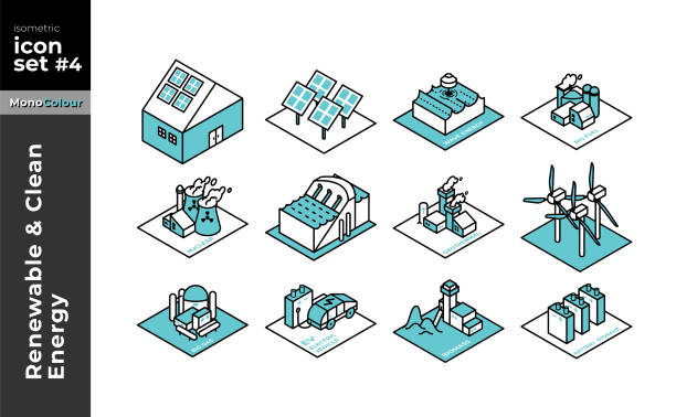 Renewable and Clean Energy Flat Mono Coloured Line icons illustration Flat Mono Coloured Line icons set of Different types of Renewable & Clean Energy Power Plants isometric smart city stock illustrations