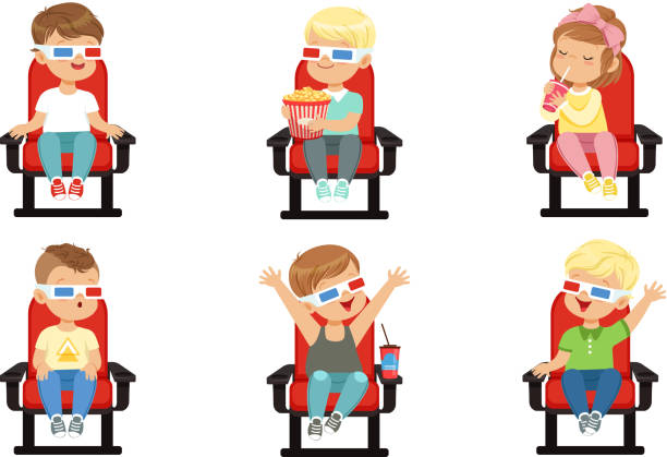 istock Cute Kids Watching Movie with 3D Glasses While Eating Popcorn and Drinking Soda Drink, Boys and Girls Sitting in the Cinema Vector Illustration on White Background 1207310371