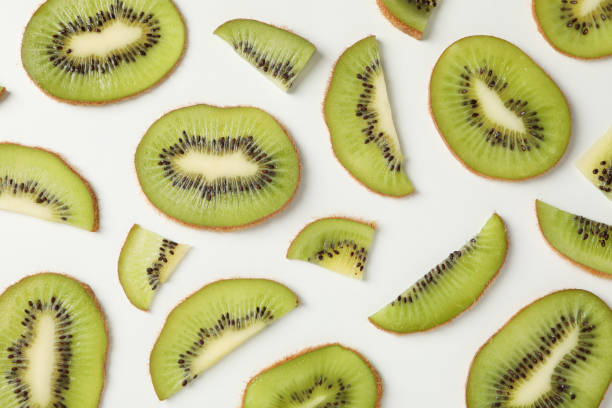 istock Ripe sweet kiwi on white background, top view 1207311112