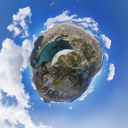 Spherical aerial panorama of Kolnbrein Dam in Carinthia, Austria.