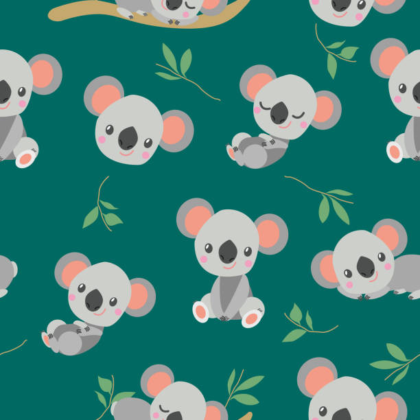 Seamless pattern with happy smiling koala bear baby and eucalyptus branches. Simple flat illustration. Cartoon style. Cute and funny. For kids bed linen. For wallpaper, textile and wrapping paper. Seamless pattern with happy smiling koala bear baby and eucalyptus branches. Simple flat illustration. Cartoon style. Cute and funny. For kids bed linen. For wallpaper, textile and wrapping paper. joey stock illustrations