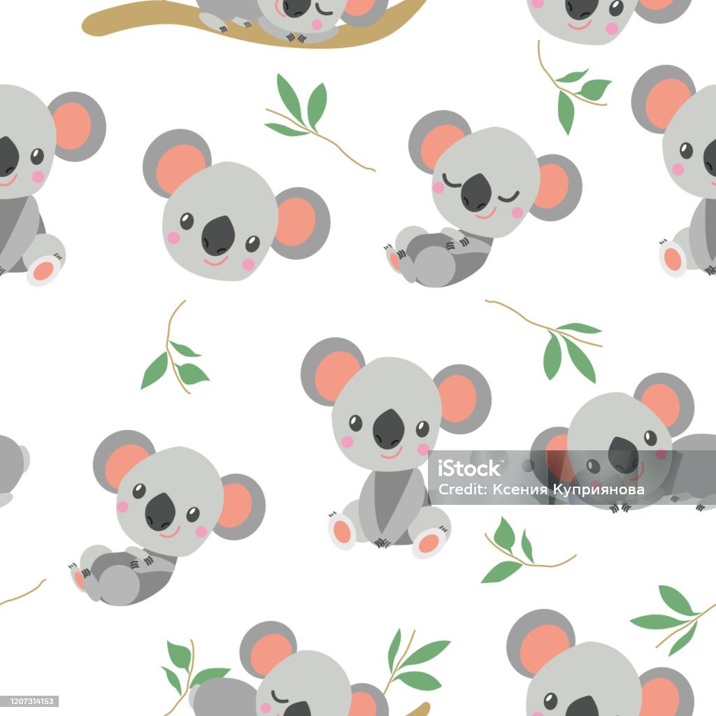 Seamless Pattern With Sleeping And Sitting Koala Bear Baby Eucalyptus  Branch Simple Flat Illustration Cartoon Style Cute And Funny For Kids Bed  Linen For Wallpaper Textile And Wrapping Paper Stock Illustration -