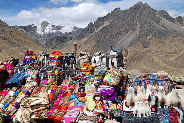 A display of colorful Peruvian handicrafts in the mountains in La Raya, Peru.