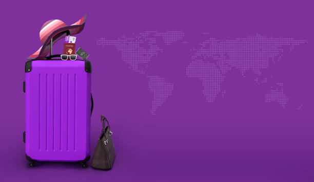 istock Purple suitcase with passport 3d render illustration for traveler 1207317150