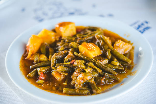 Green beans and potato stew served in the restaurant at Karpathos, Greece