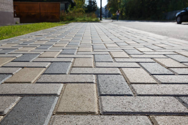 la chaussée et la pelouse pavées colorées divisées par un trottoir en béton. rétroéclairage. - driveway stone paving stone concrete photos et images de collection