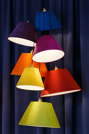 Colorful shade lamps hanging.