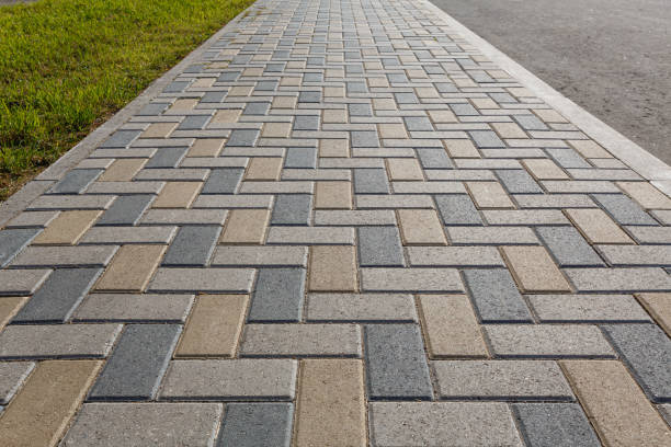 istock Colorful cobblestone road pavement and lawn divided by a concrete curb. Backlight. 1207319123