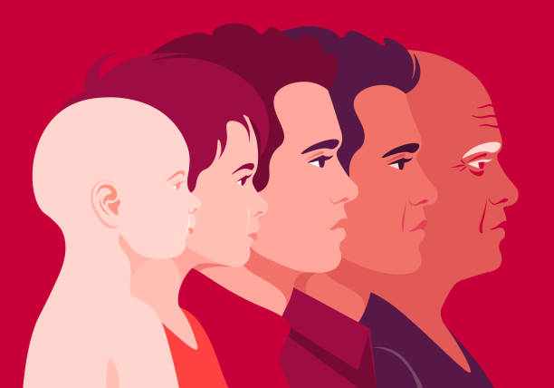 kepala seorang pria dari berbagai usia dalam profil. tampilan sisi wajah anak-anak dan dewasa. masa kecil, remaja dan tua. - remaja umur manusia ilustrasi stok