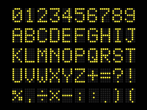 istock Realistic Digital terminal led bulb  terminal  table font: letters, numbers, and punctuation marks. 1207319782