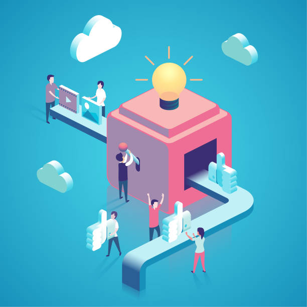 isometric concept illustration with people Social media "likes" isometric concept illustration with people conveyor belt stock illustrations