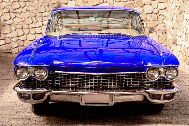 Yalta, Russia, July 2019. Vintage classic retro car. Beautiful blu auto, front view.