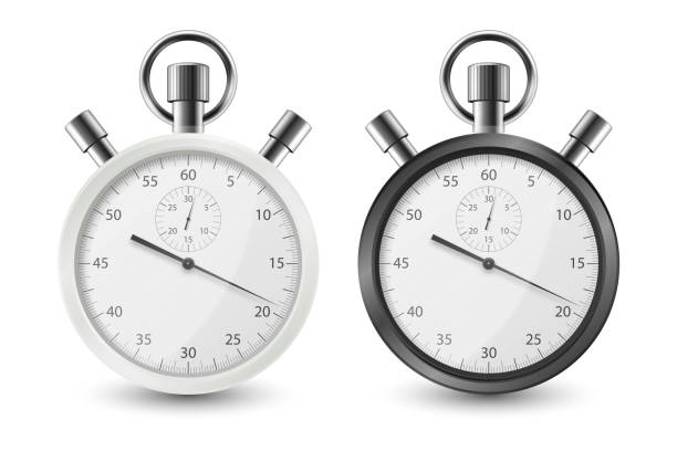 ilustrações, clipart, desenhos animados e ícones de ícone realista de stopwatch clássico branco e preto configura closeup isolado em fundo branco. modelo de design de stop-watch. sport timer em competições. comece, termine, gerenciamento de tempo. vetor de ações - time minute hand small timer