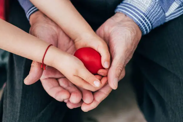 Cropped view of little child and his grandfather holding in hands red colored painted Easter egg.