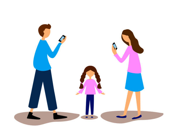ilustrações de stock, clip art, desenhos animados e ícones de parents with mobile smartphones. family with daughter. people color vector illustration. modern parenting - self lov
