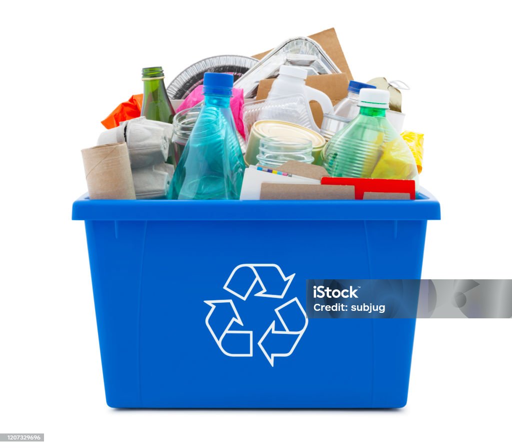 Recycling bin - mixed materials Recycling bin full of mixed materials, paper, plastic, glass and metal isolated on white Recycling Stock Photo