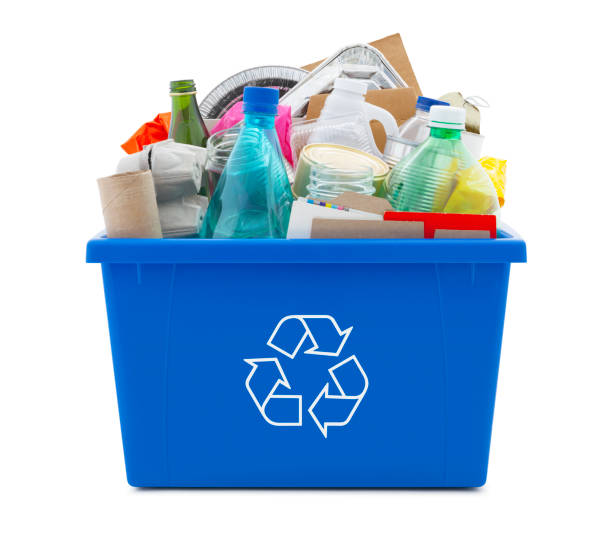 Recycling bin - mixed materials Recycling bin full of mixed materials, paper, plastic, glass and metal isolated on white recycle symbol cut out stock pictures, royalty-free photos & images