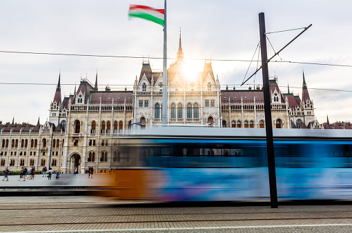 Parliament in Budapest with tram