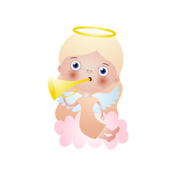 istock Cute blonde angel kid with red dress stay on cloud 1207332638