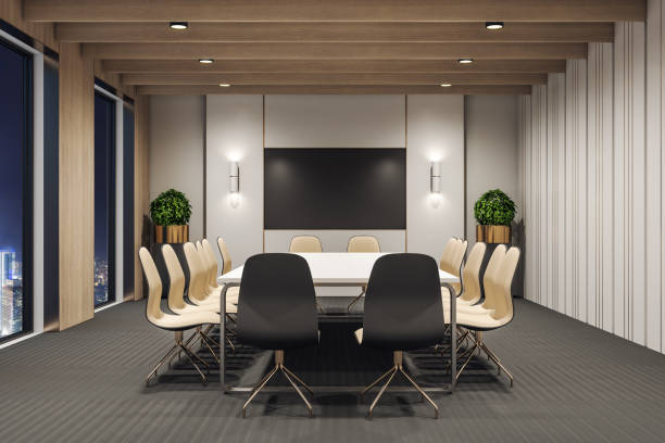 istock Meeting room with empty tv screen 1207337981