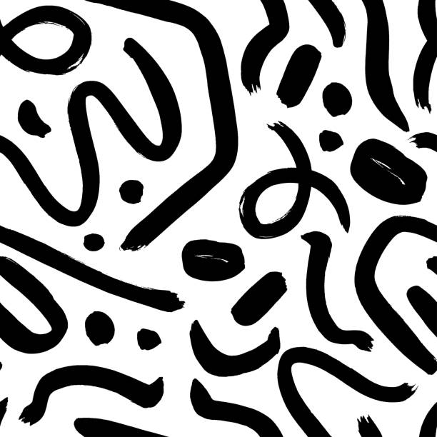 Vector seamless organic pattern. Maze organic irregular lines and dots. Hand drawn texture in memphis style. Vector seamless organic pattern. Maze organic irregular lines and dots. Hand drawn texture in memphis style. Abstract doodle brush strokes. Black rounded shapes pattern in retro memphis style. paint designs stock illustrations