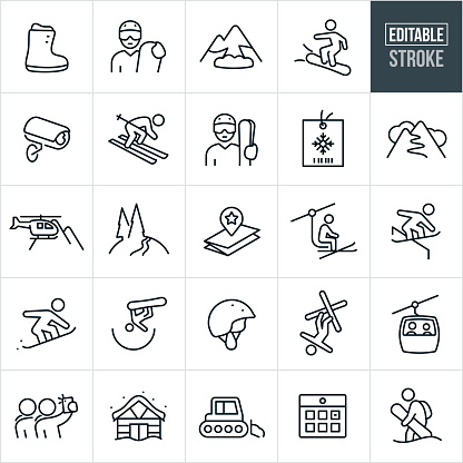 A set of snow skiing and snowboarding icons that include editable strokes or outlines using the EPS vector file. The icons include a skier, snowboarder, snowboard boot, snowboarder holding snowboard and wearing a helmet and goggles, avalanche, snowboarder going down hill, camera, skier going down hill, skier holding skies and wearing a helmet and goggles, ski pass, ski tracks, helicopter, snow, powder, trail map, skier riding ski lift, snowboarder riding rail, snowboarder doing trick in halfpipe, ski helmet, freestyle skier, gondola, selfie, cabin, snow cat, calendar and other related icons.