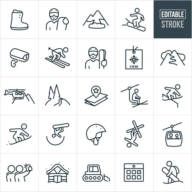 Vector illustration of Snow Skiing Thin Line Icons - Editable Stroke