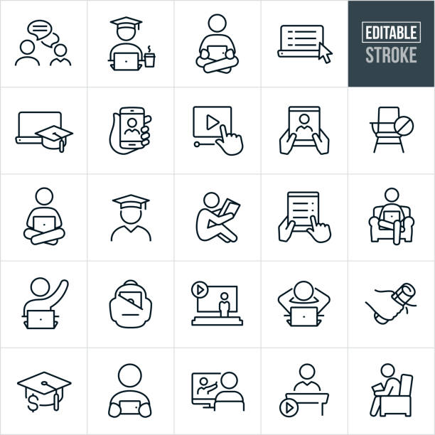 Online Learning Thin Line Icons - Editable Stroke A set of e-learning icons that include editable strokes or outlines using the EPS vector file. The icons include a student and teacher chatting online, student in graduation cap on computer, student holding tablet PC, laptop computer, laptop computer with graduation cap, mobile phone with instructor on screen, video, student sitting cross-legged while holding laptop computer, graduate, student reading a book, student taking test online, student studying from home, student taking class from home, backpack with laptop, instructor giving online presentation, diploma and other related icons. student stock illustrations
